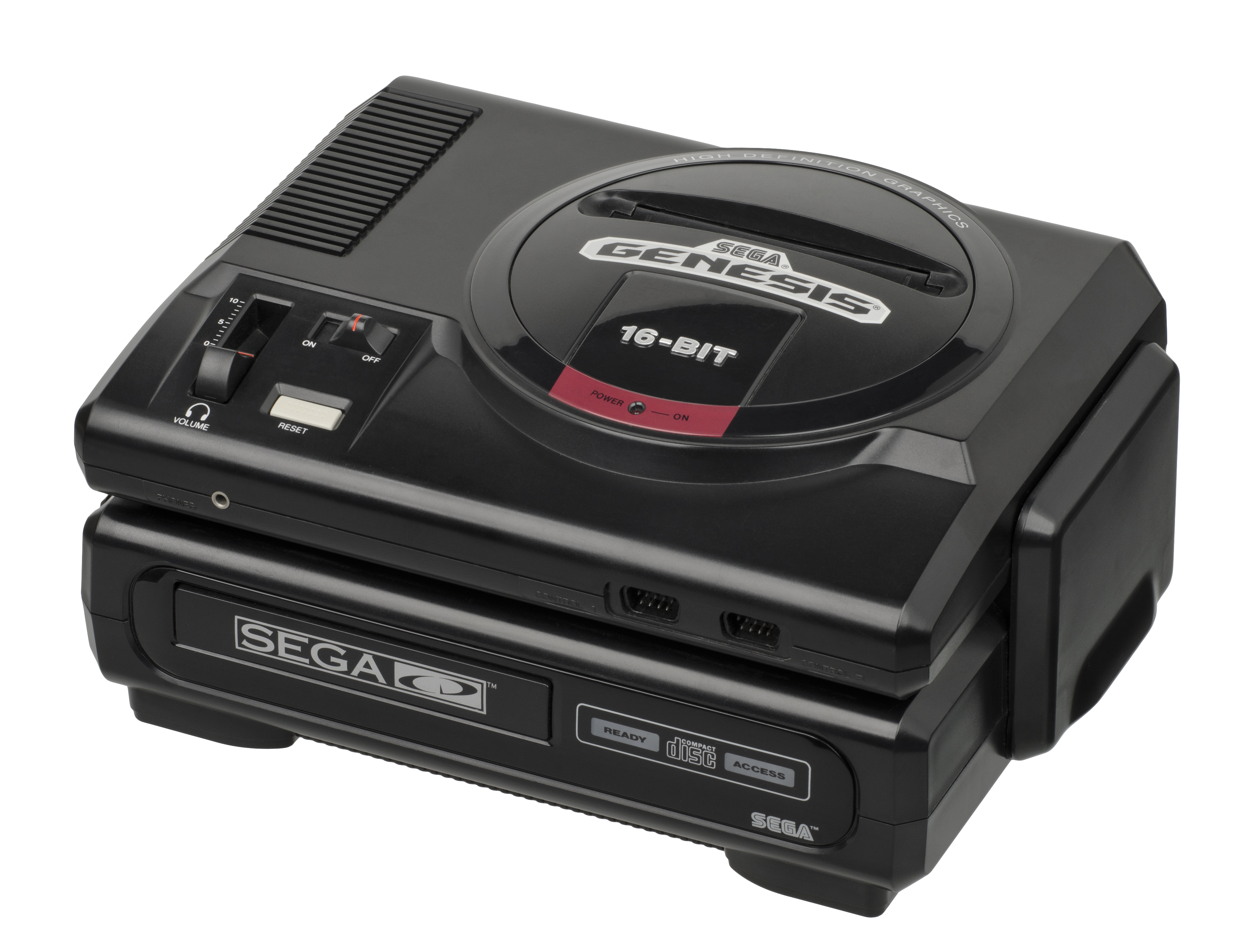 Version 1 of the Sega CD home console expansion module attached to a Sega Genesis home console without controller.